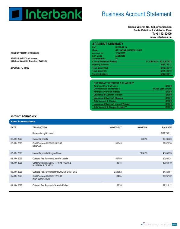 Download Interbank organization account statement Word and PDF template Photoshop template